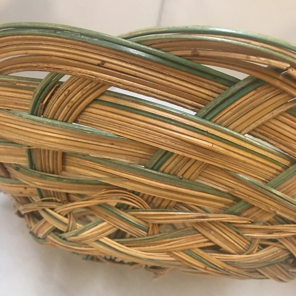 Woven Wicker Basket Bowl Unisex 11.5in Brown Green Boho Decor Cottagecore